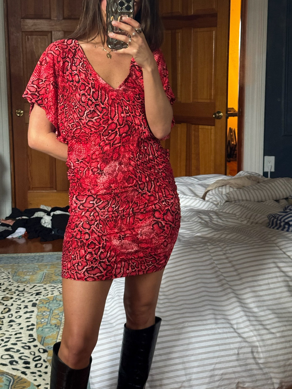 carmen marc valvo | red snakeskin mini dress