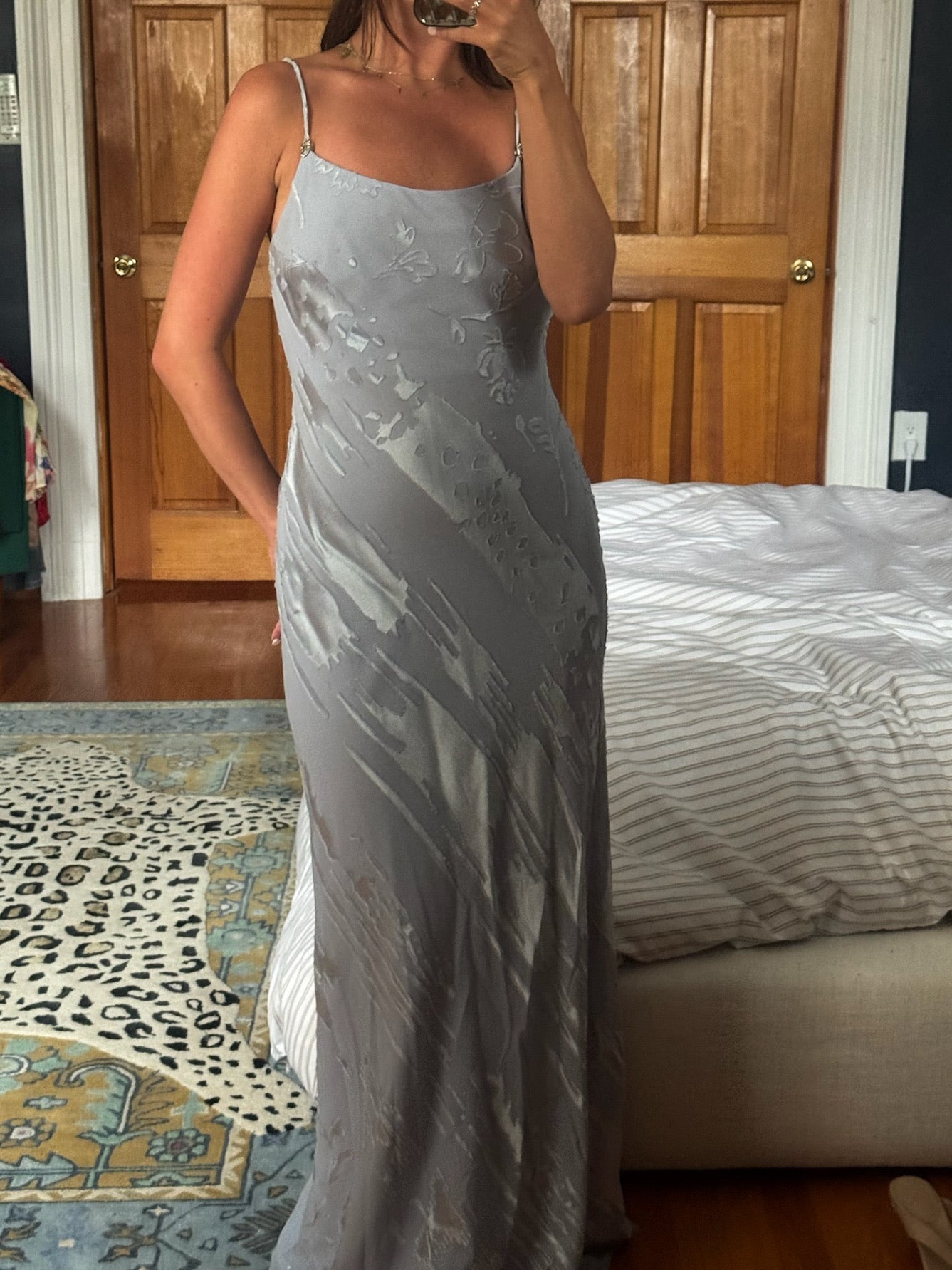blue patterned evening gown