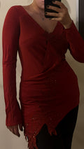 yigal azrouel | red long-sleeve beaded blouse