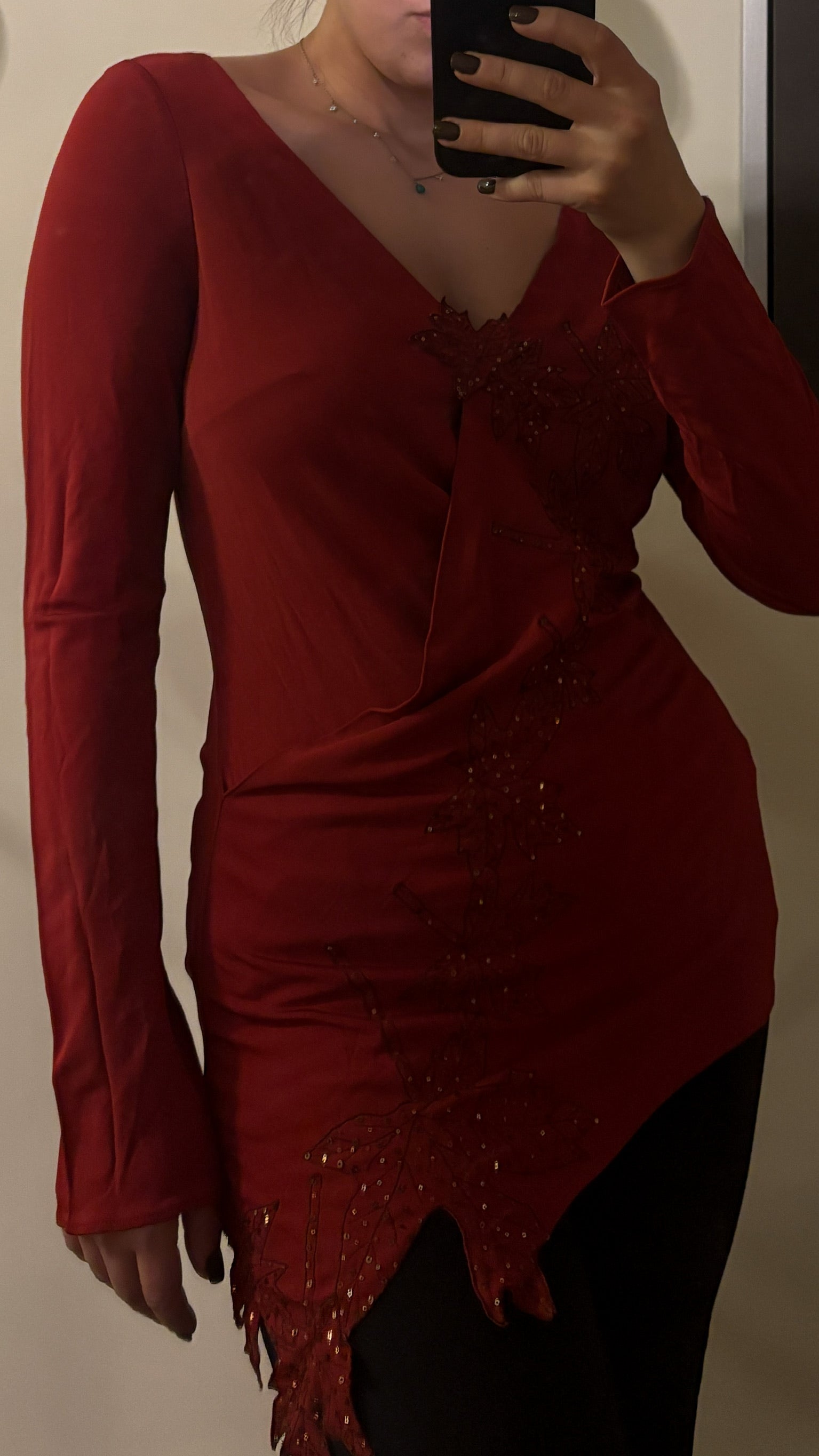 yigal azrouel | red long-sleeve beaded blouse