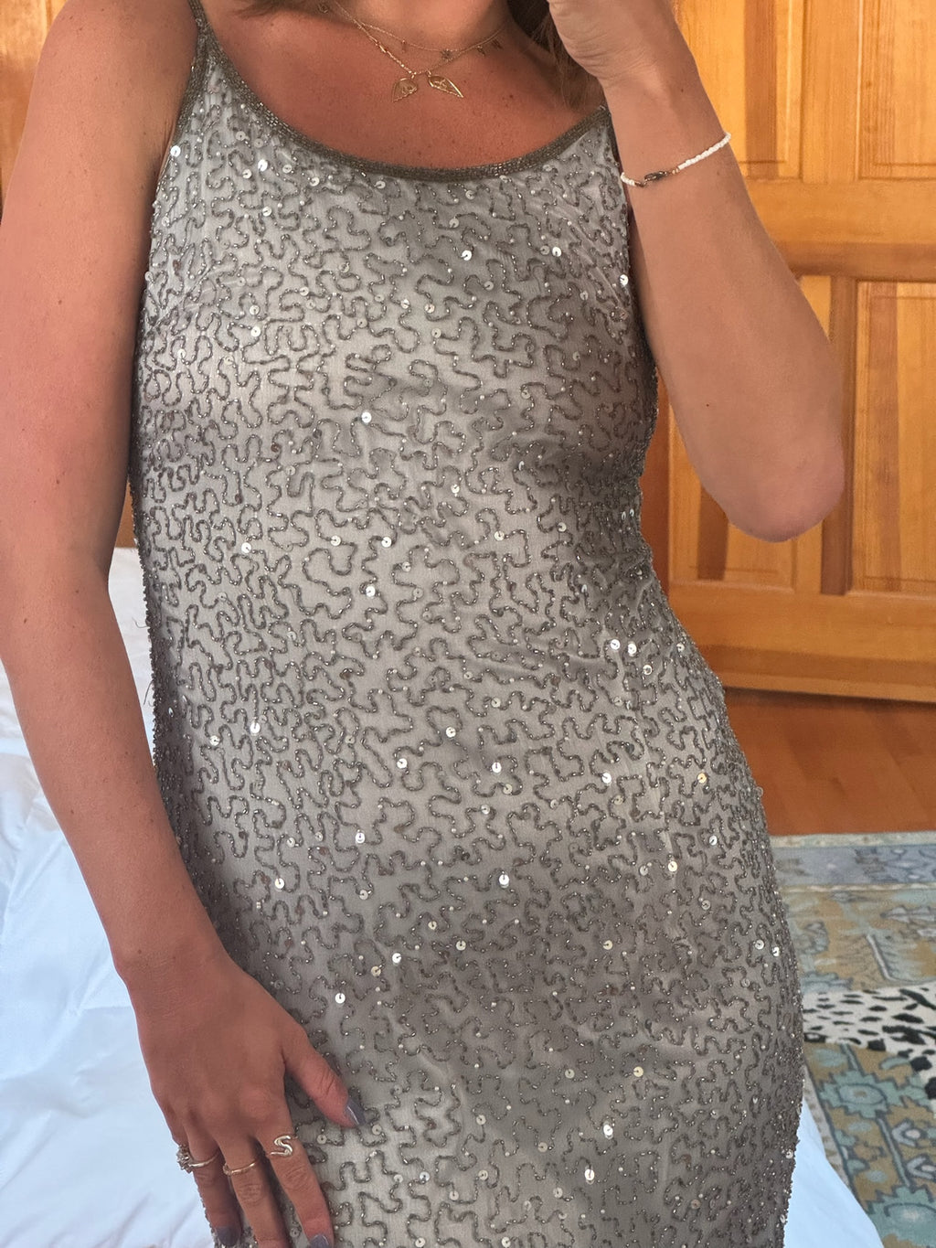 stenay | 100% silk silver beaded column dress