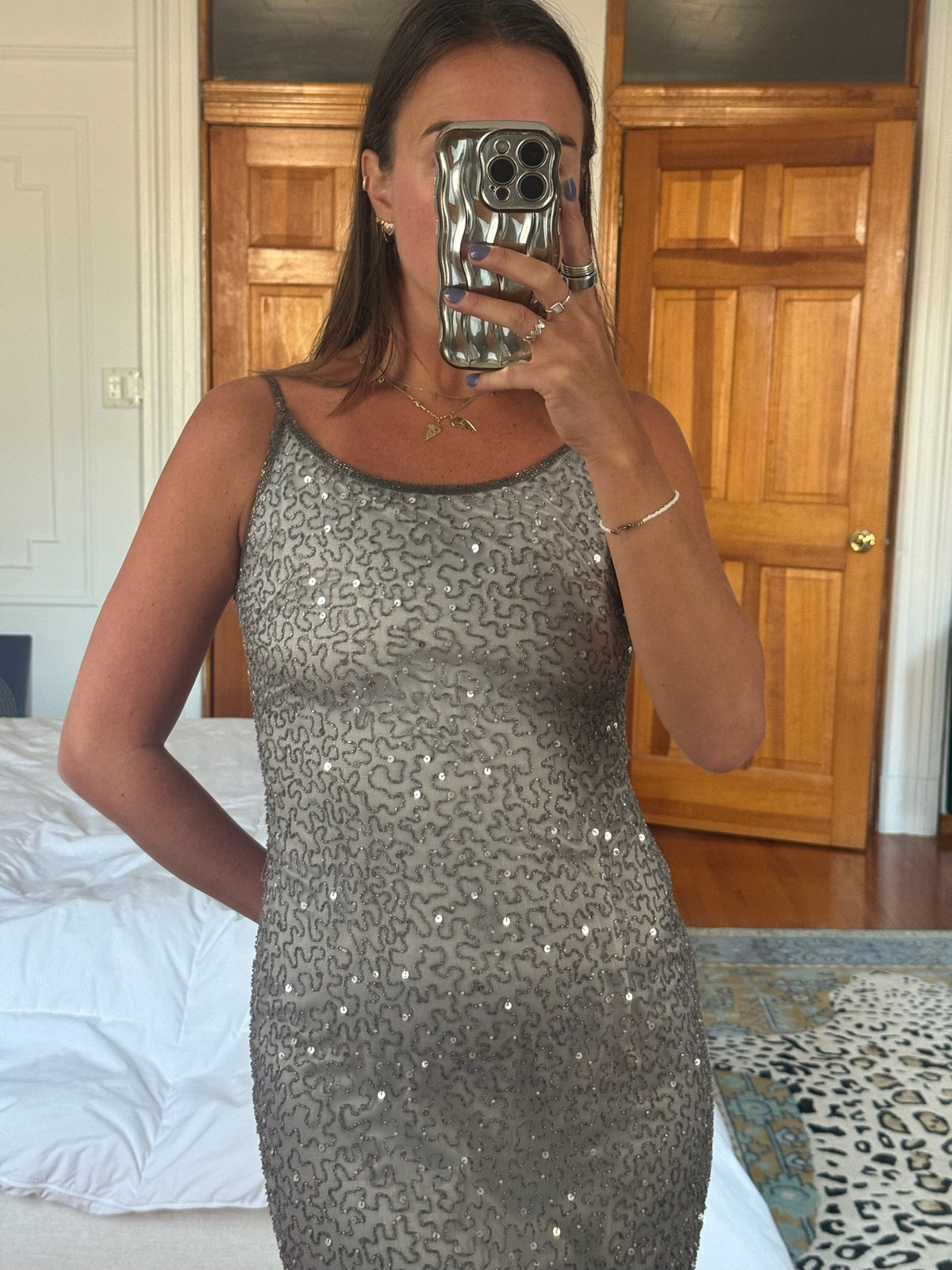 stenay | 100% silk silver beaded column dress