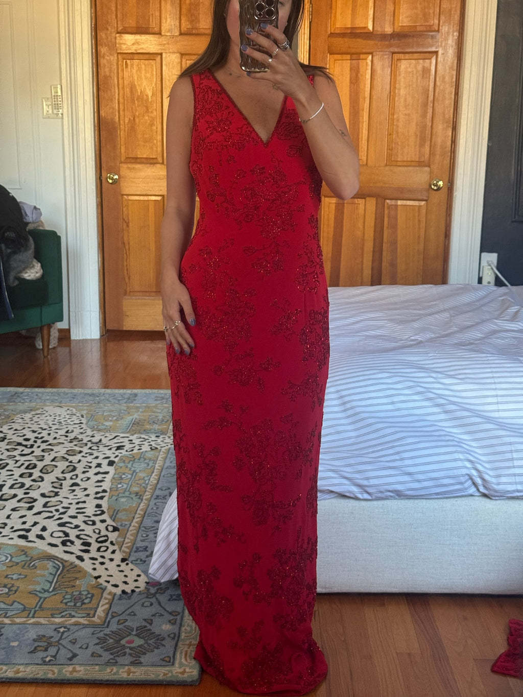 oleg cassini black tie | 100% silk red beaded long gown