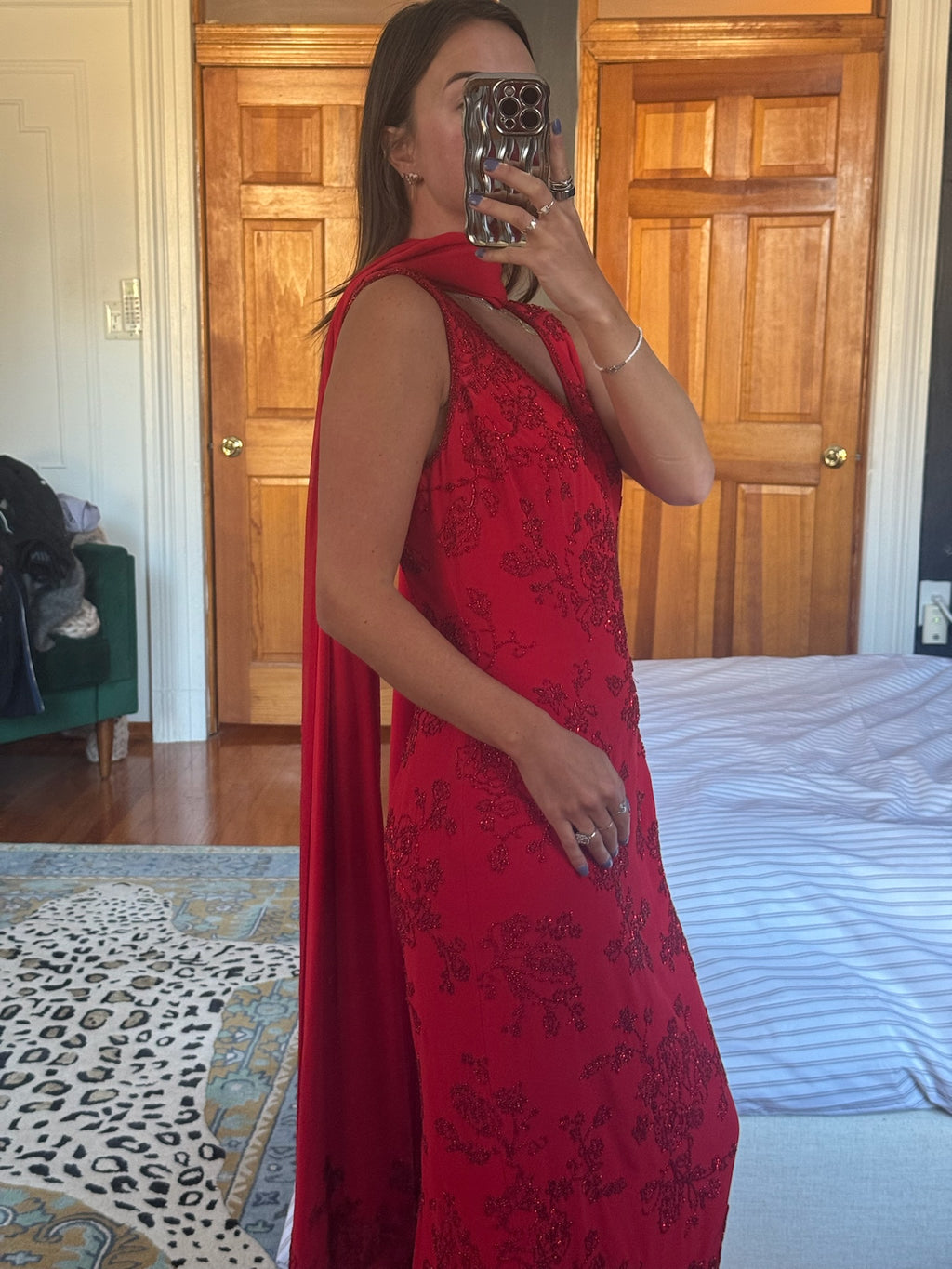 oleg cassini black tie | 100% silk red beaded long gown