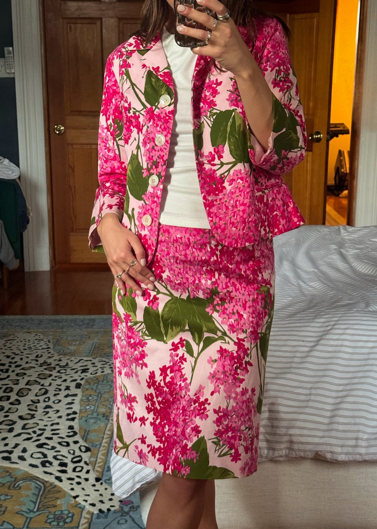 moschino cheap & chic | pink floral blazer and skirt set